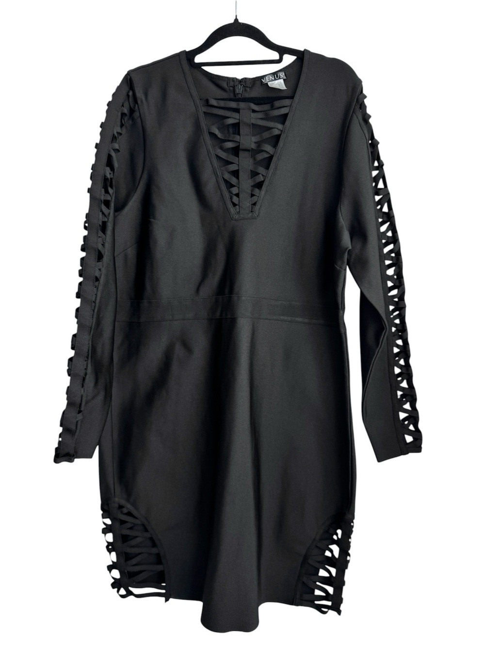 VENUS Black Cage Lace-Up Sleeve & Hem Mini Dress, Size 2X